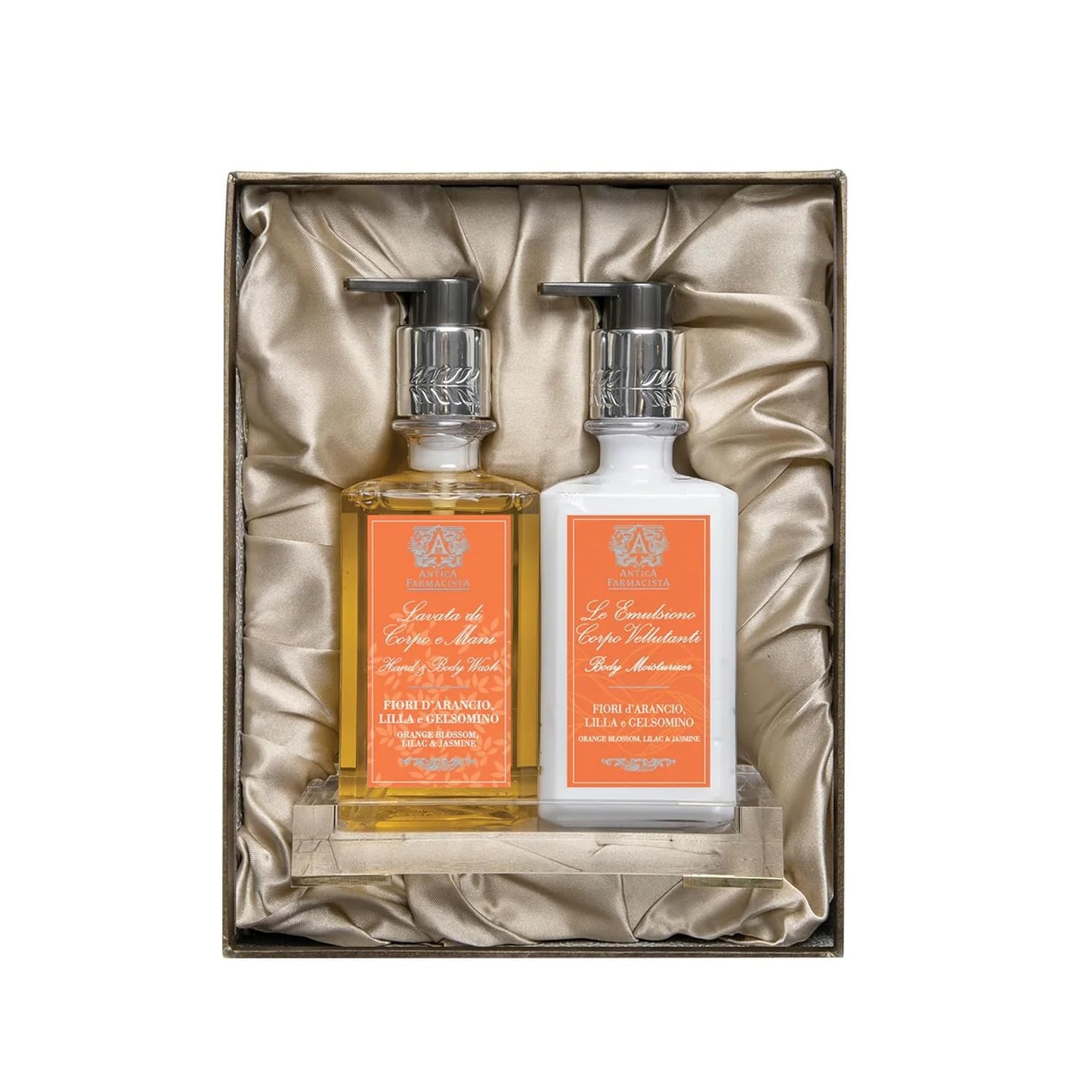 Antica Farmacista Acrylic Bath & Body Gift Set - Includes Body Wash, Body Moisturizer & Acrylic Tray - Bath & Body Gift Set for Women - Orange Blossom, Lilac & Jasmine