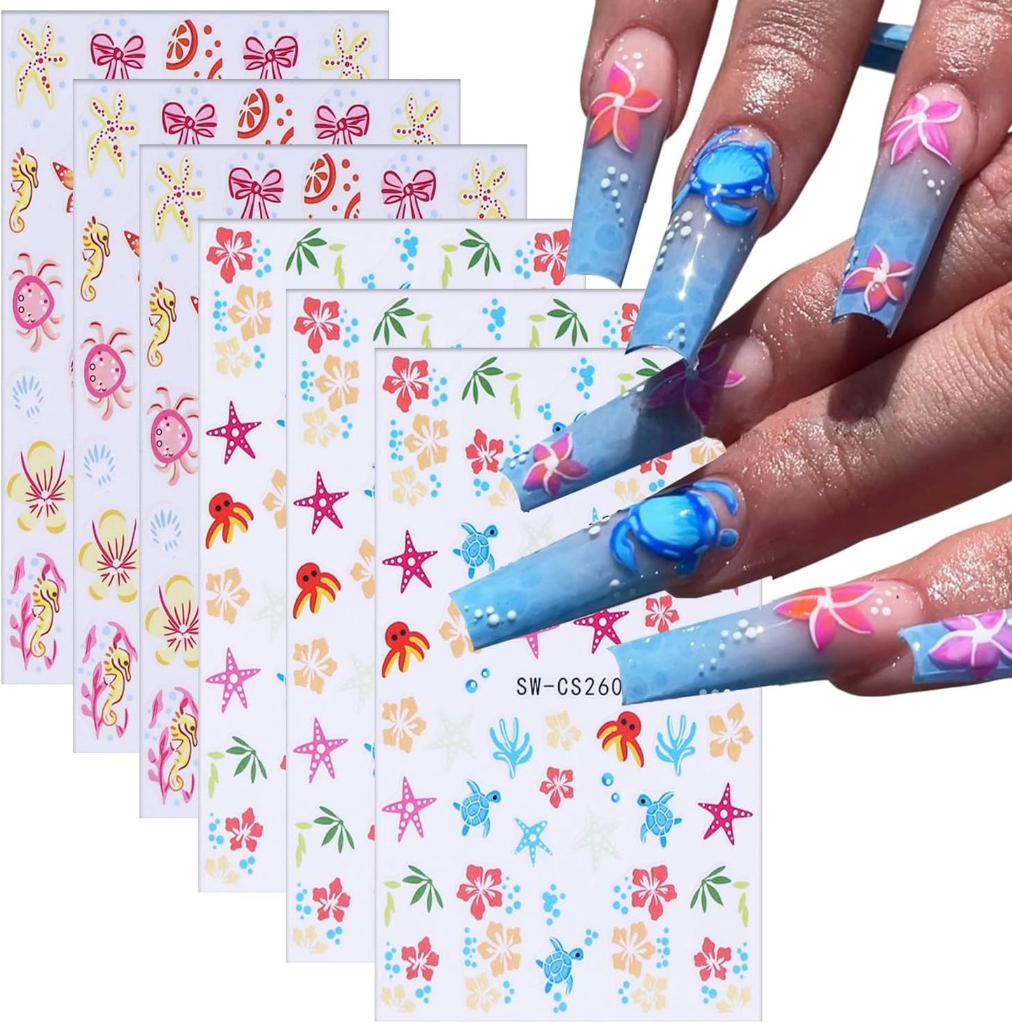 6 Sheets Marine Life Nail Art Stickers 3D Self-Adhesive Starfish Turtle Nails Sticker Flower Nail Art Decals Holographic Bow Nails Decal Decoration for Women Floral Manicure DIY Nail Supplies