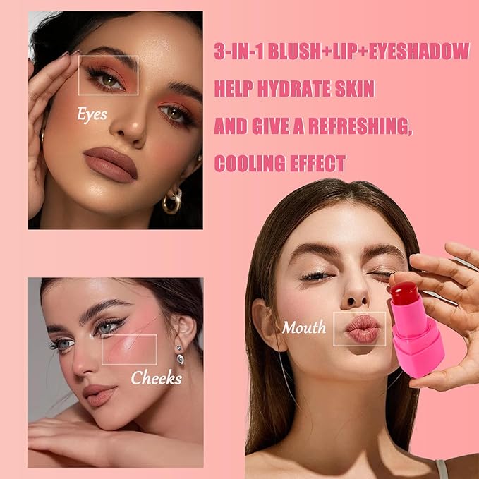 Water Jelly Tint Blush, 3-In-1 Multi-Use Blush Cream Blush Stick for Eyes, Cheeks & Lips, Hydrating & Bouncy Jelly Texture, Blends Perfect for Skin Portable Multipurpose Long Lasting Waterproof(05, s)