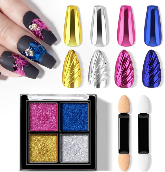 NXJ INFILILA Gold Silver Chrome Nail Powder, 4 Classic Colors Mirror Effect - Gold, Silver, Pink, Blue, Metallic Magnetic Glitter Polish Powder Pallete for Gel Nails, DIY Manicure Art Supplies Kit