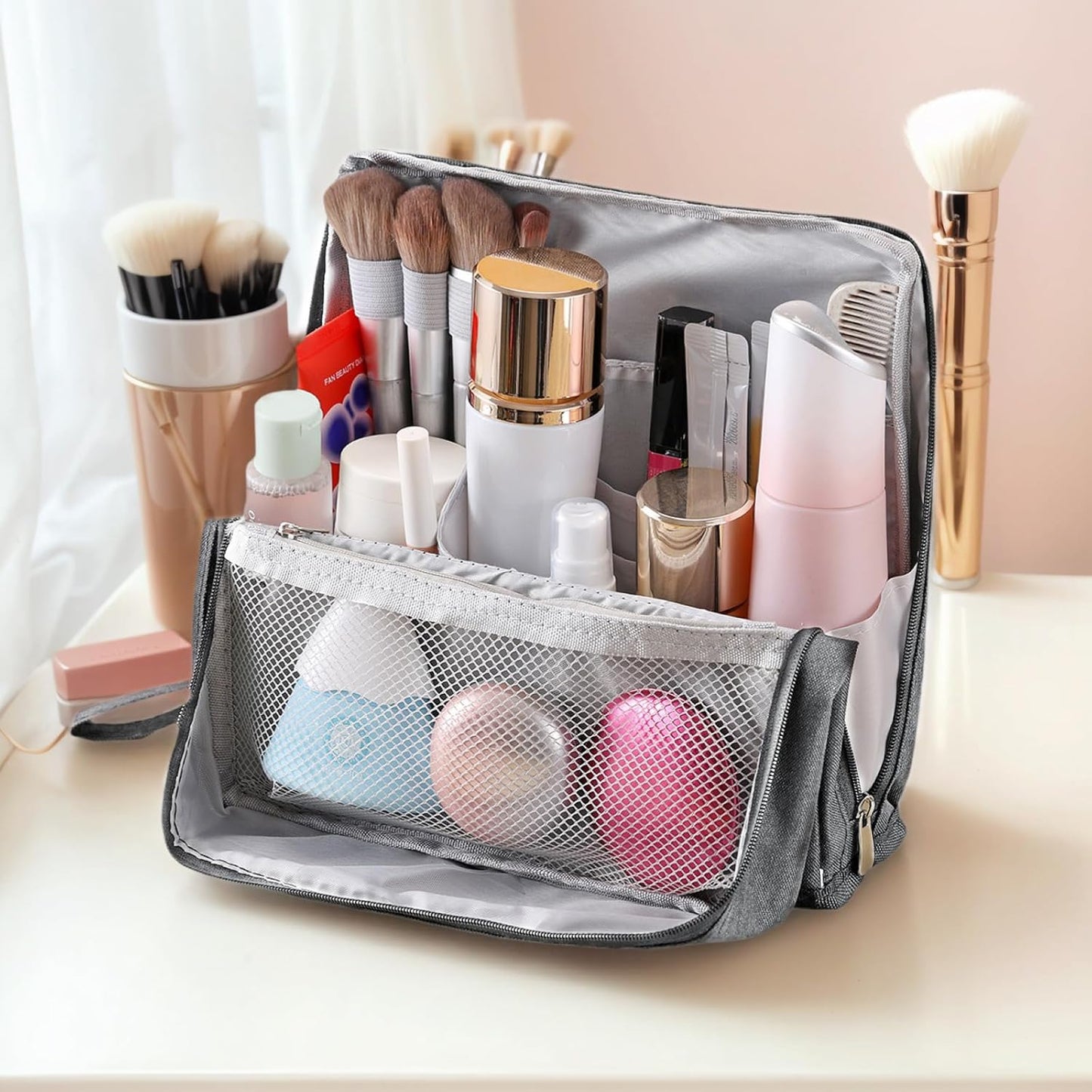 Standing Makeup Bag with Brush Holder, Organizer Travel Cosmetic Bags, Small Make Up Pouches for Women Grey