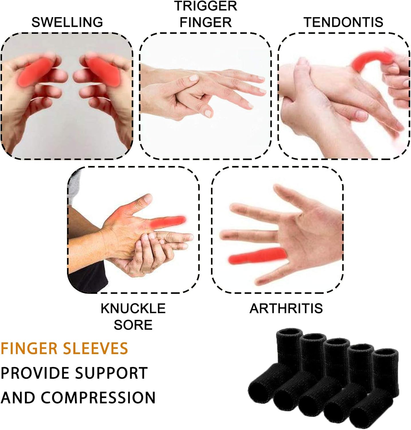 Finger Sleeves , Thumb Splint Brace For Finger Support, Breathable Elastic Finger tape, Compression pression Protector For Reliving Pain, Triggger Finger, Compression Aid For Sports, 10PCS (black)