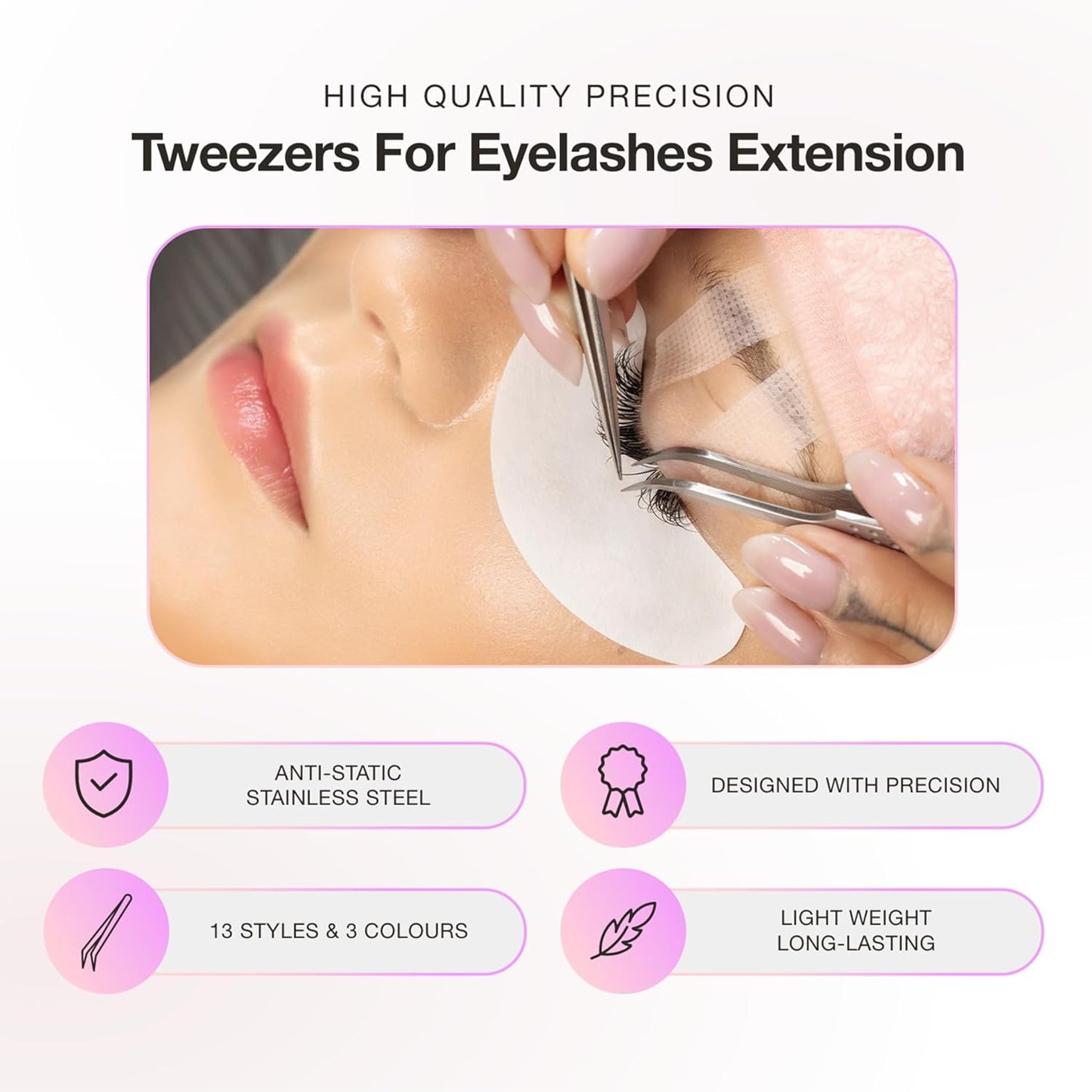 Curacoro Lash Tweezer - Professional & Precision Fiber Tip Grip Lash Tweezers for Eyelash Extensions, Multi Shapes & Purposes Tweezers for Volume, Isolation & Classic Lashes (Silver, Lashy and Classy)