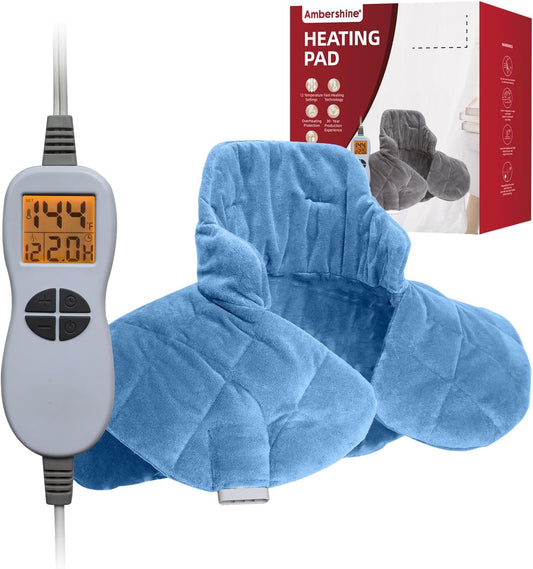 Ambershine 19''x24'' Weighted Neck & Shoulder Heating Pad, 2.5lbs with 12 Temperature Settings& 4 Auto-Off Timers, Pain Relief for Neck/Shoulder/Back, Christmas Gifts for Women Men Mom Dad(Light Blue)