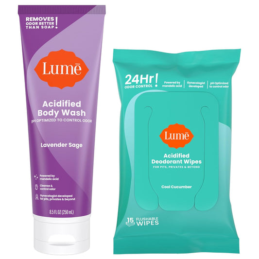 Lume Acidified Body Wash & Flushable Deodorant Wipes - 24 Hour Odor Control - Hydrating Wash - Without SLS or Parabens - OB/GYN Developed - 8.5 ounce (Lavender Sage) 15 Count Wipes (Cucumber)