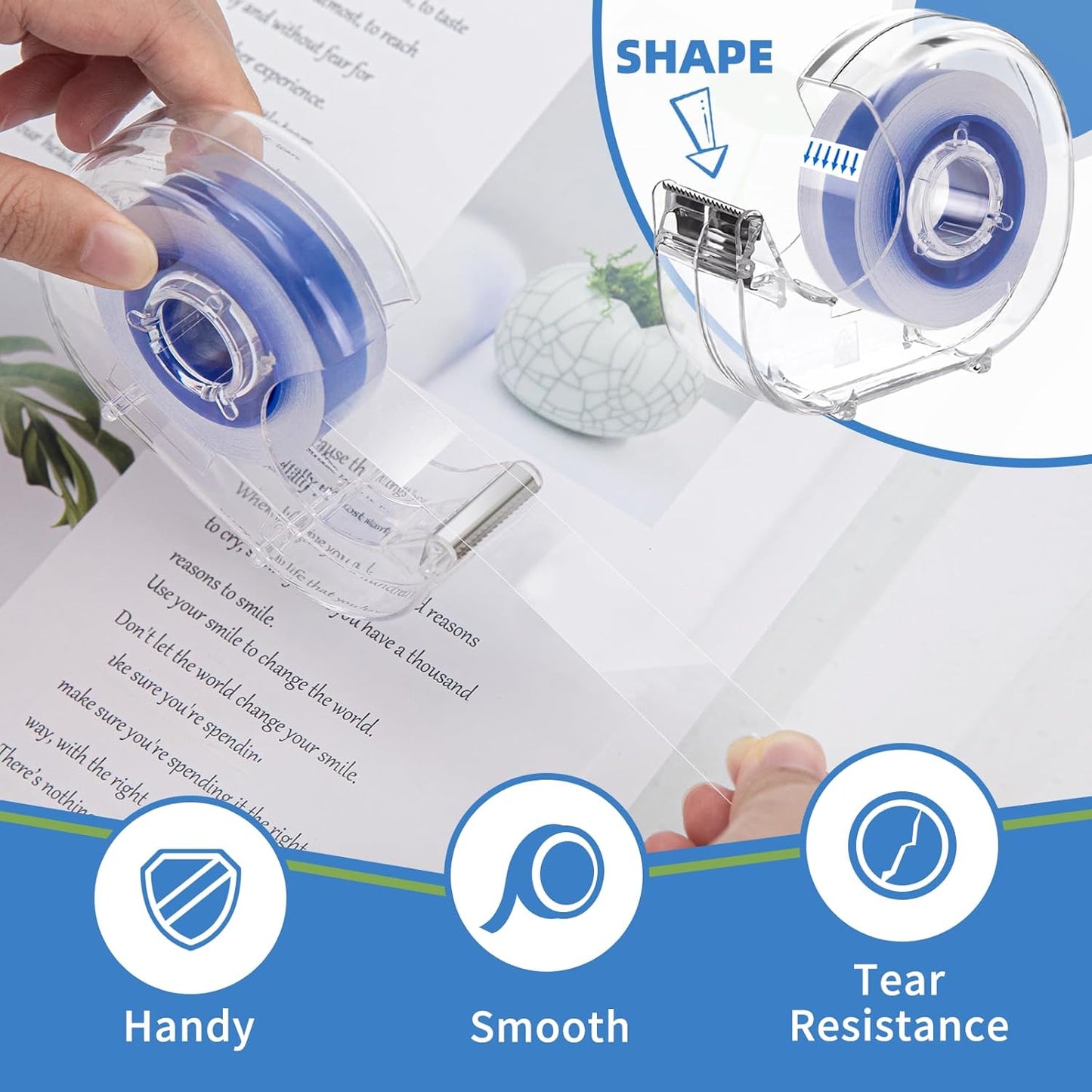 24 Pcs Transparent Tape with Dispenser, 0.7 x 1000 in Blue Core Clear Tape Rolls Bulk, Office Tape Refills for Desk, Craft, and Gift Wrapping