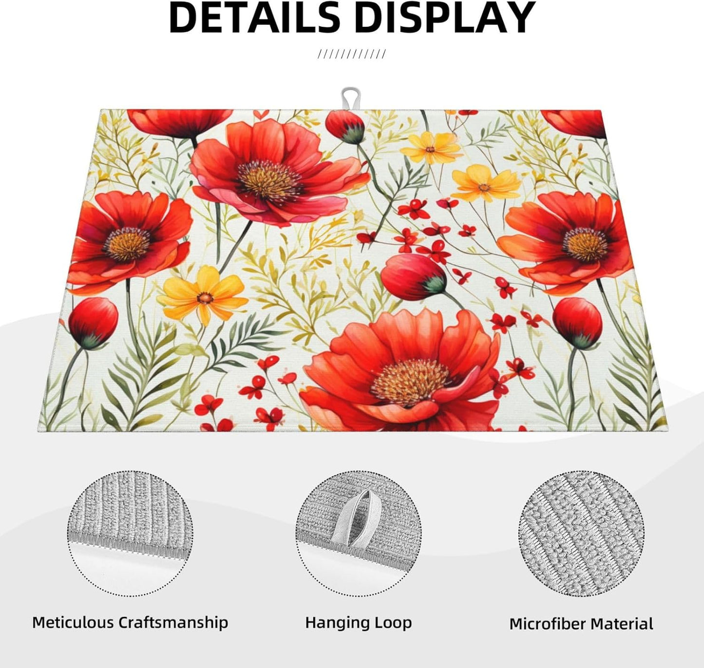 Watercolor Poppy Flower Dish Drying Mat For Kitchen Counter Absorbent Large Kitchen Fast Dry Pad Reusable Washable Protector Rack Large Mat 18 X 24