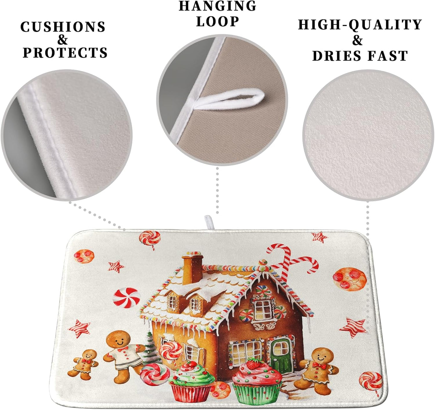 Christmas Dish Drying Mat for Kitchen Counter 16x18 Gingerbread House Man Candy Canes Cookie Cake Drying Mat for Dishes Xmas Winter Holiday Microfiber Drying Pad Dish Drying Pad for Coffee Bar Sink