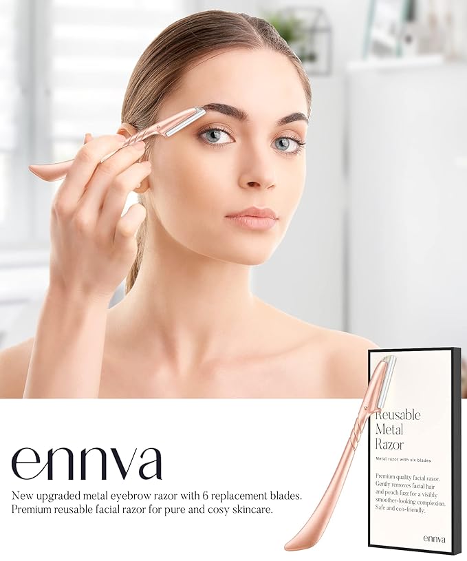 ennva Eyebrow Razor for Women-Eyebrow Trimmer Dermaplaning Tool-Ergonomic Eyebrow Shaper & Facial Razor for Peach Fuzz-Exfoliating Face Razor for Eyebrows-Eye Brow Shaver Razors w/7 Blades- Rose Gold