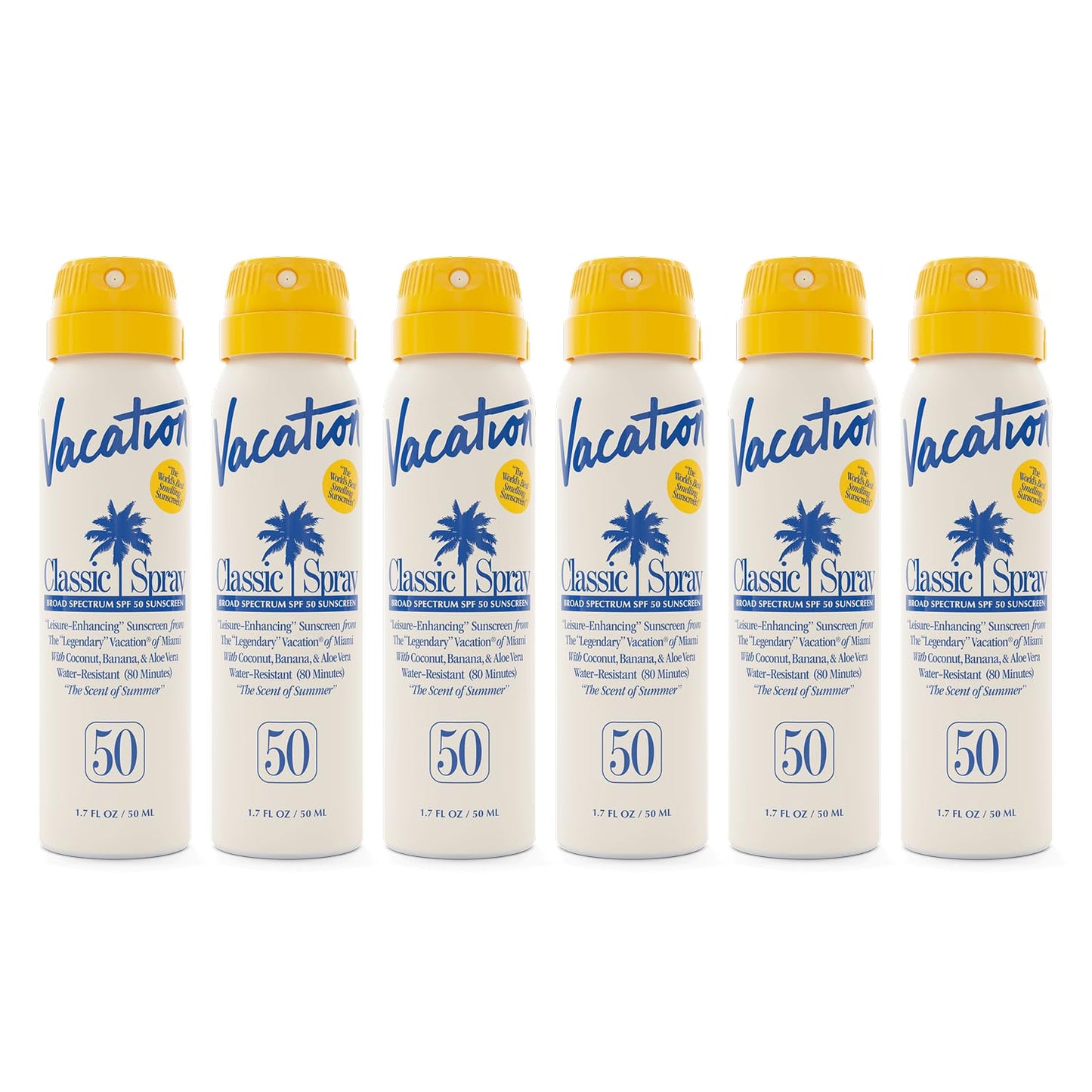 Vacation Mini Classic Sunscreen Spray SPF 50, Water-Resistant, Mini Sunscreen Bulk Party Favor, Sunblock Travel Size, TSA Suntan Lotion for Carry On, 1.7 Fl. Oz. (Value Pack of 6)