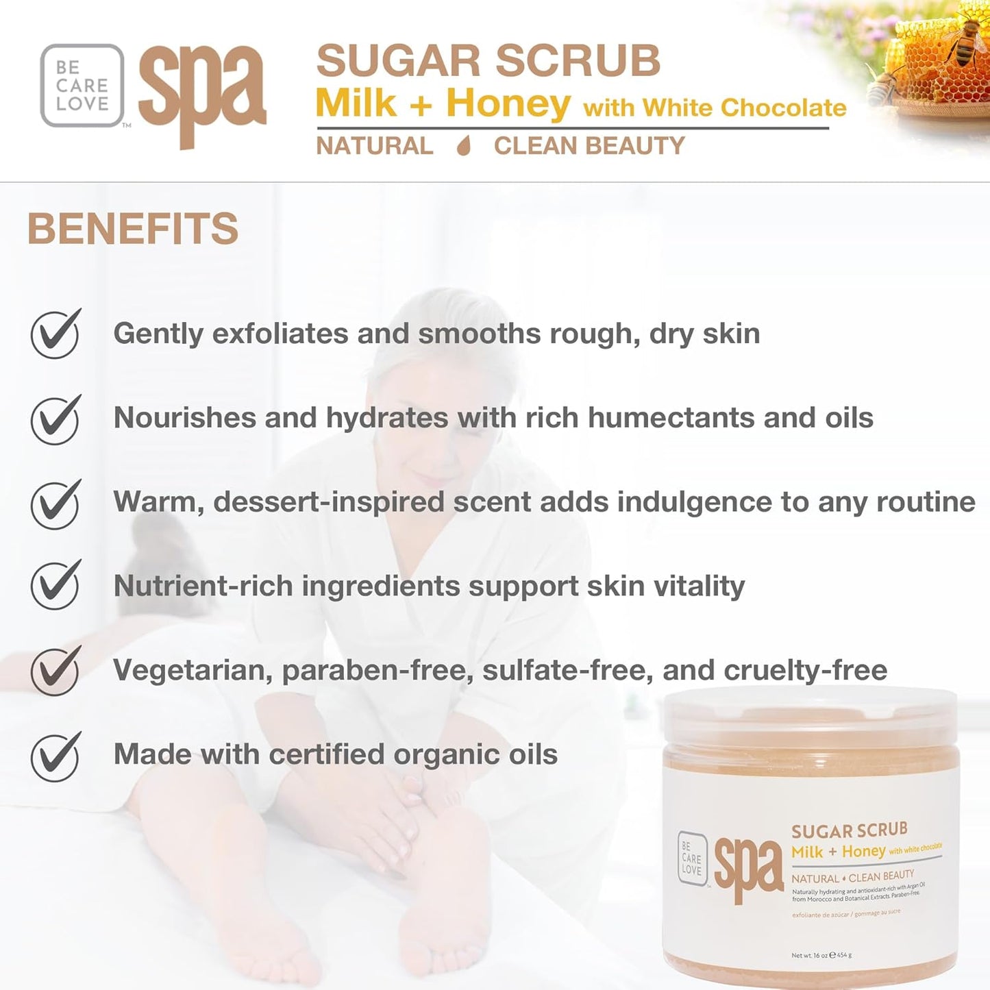 BCL SPA sugar scrub | organic Milk and Honey with White Chocolate exfoliating body scrub removes dead, dry skin for a soft & hydrated feel, nourishing essential body care 16 oz