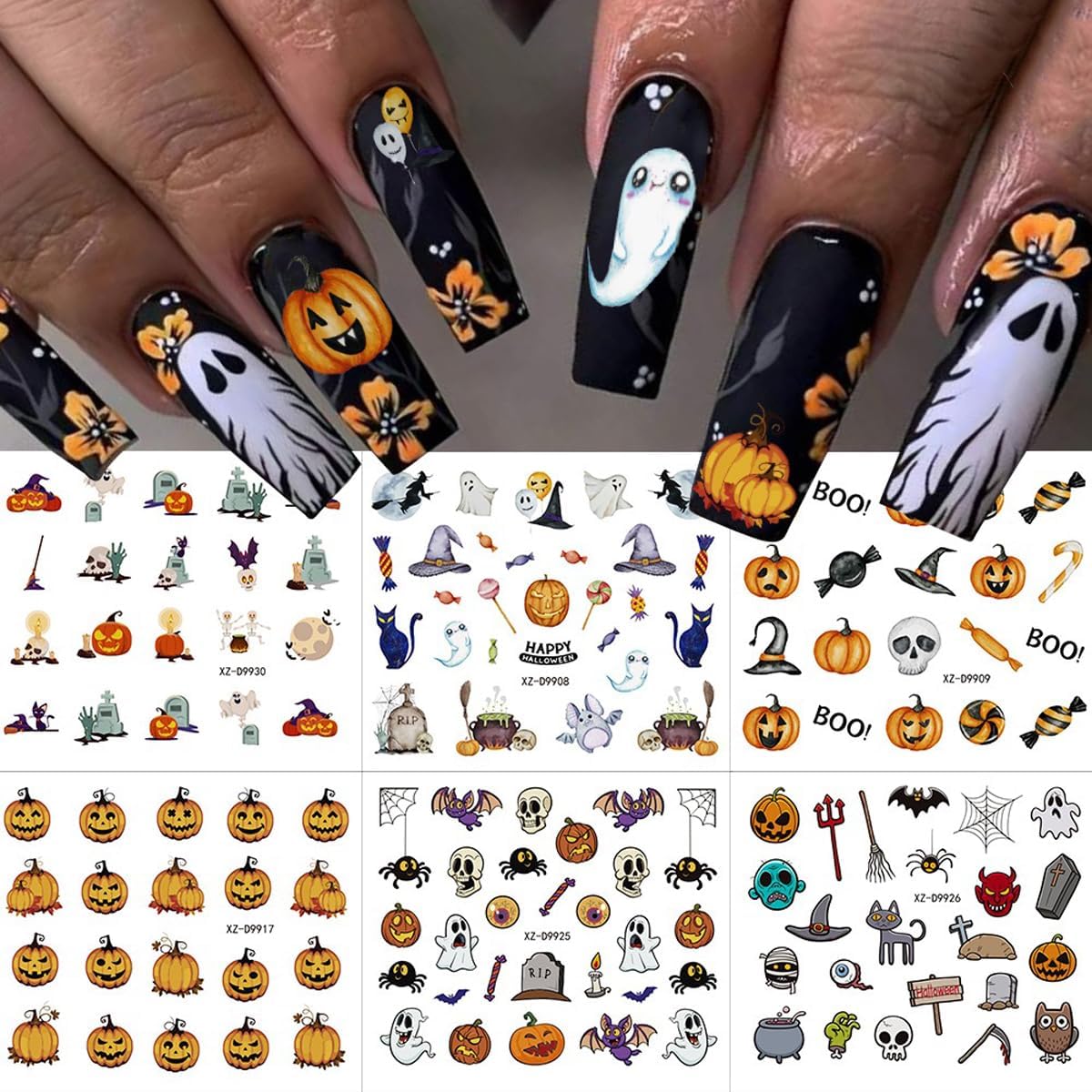 30 Sheets Halloween Nail Art Stickers Pumpkin Nail Decals Black Cat Nail Stickers Self Adhesive Bat Spider Web Nail Art Supplies for Women Girls DIY Manicure Nail Art Decorations