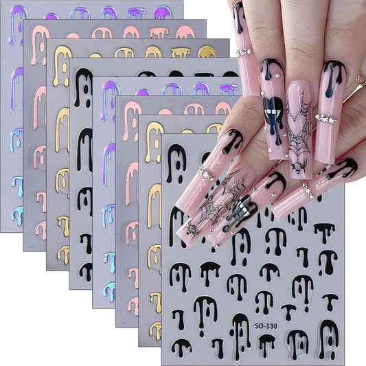 8Pcs Halloween Nail Art Sticker Colorful Bloody Nail Decals 3D Self-Adhesive DIY Fluorescent Blood Nail Stickers Horror Bronzing Black Pink Blood Drop Nail Design Nail Supplies for Halloween Manicure