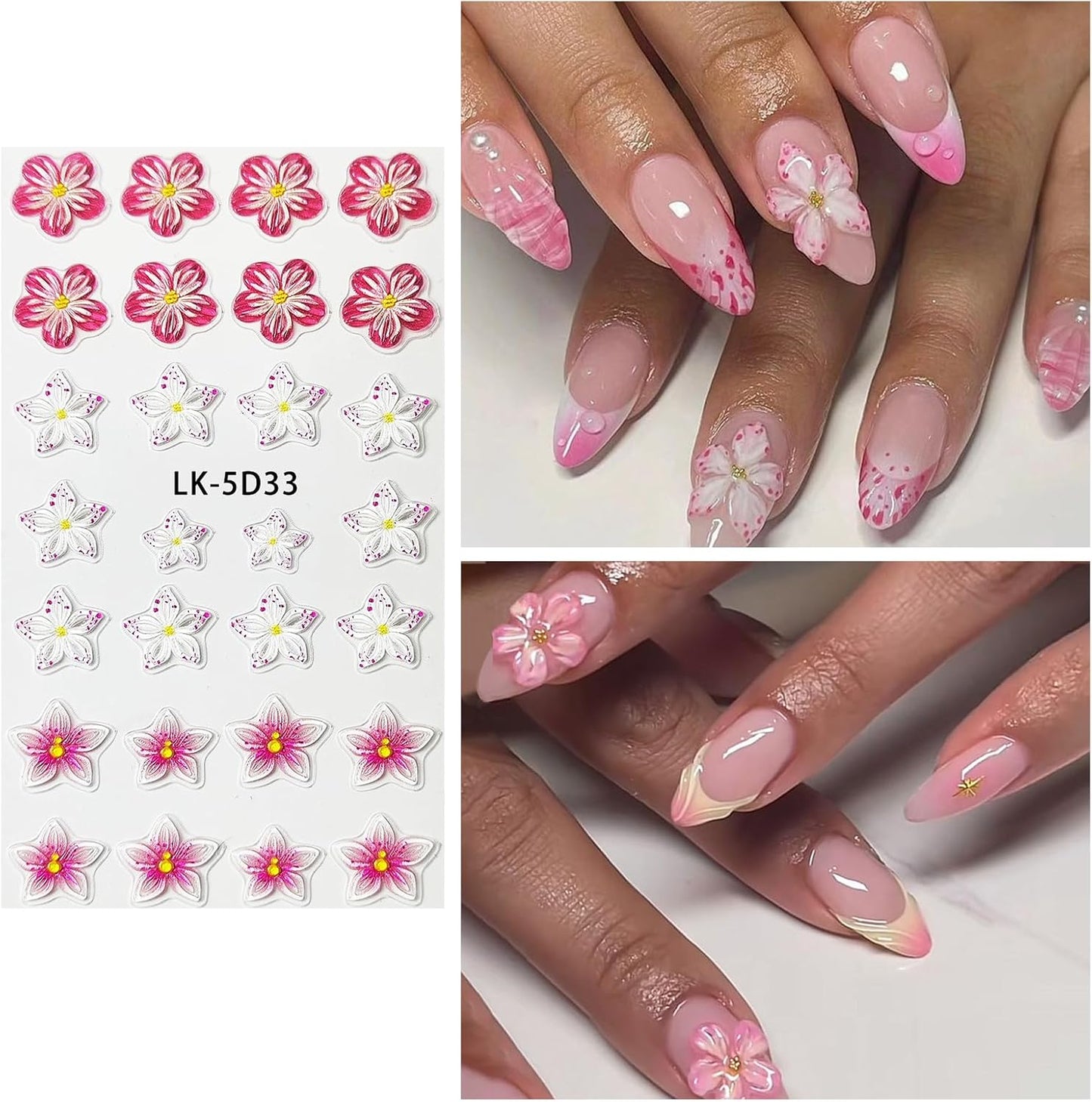 Nail Art Stickers Decals 5D Embossed Flower Nail Decals Self Adhesive Spring Summer Plumeria Tulip Supplies 3D Nails Design for Women Decoration Pink Flower Nails Sticker