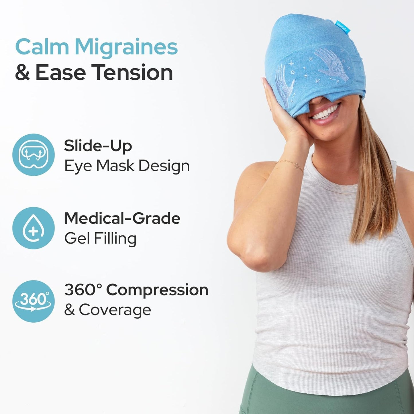 Migraine Relief Cap - Built-in Slide-Up Eye Mask - Natural Headache Relief - 360° Compression Hangover Hat with Cooling Gel for Tension and Stress
