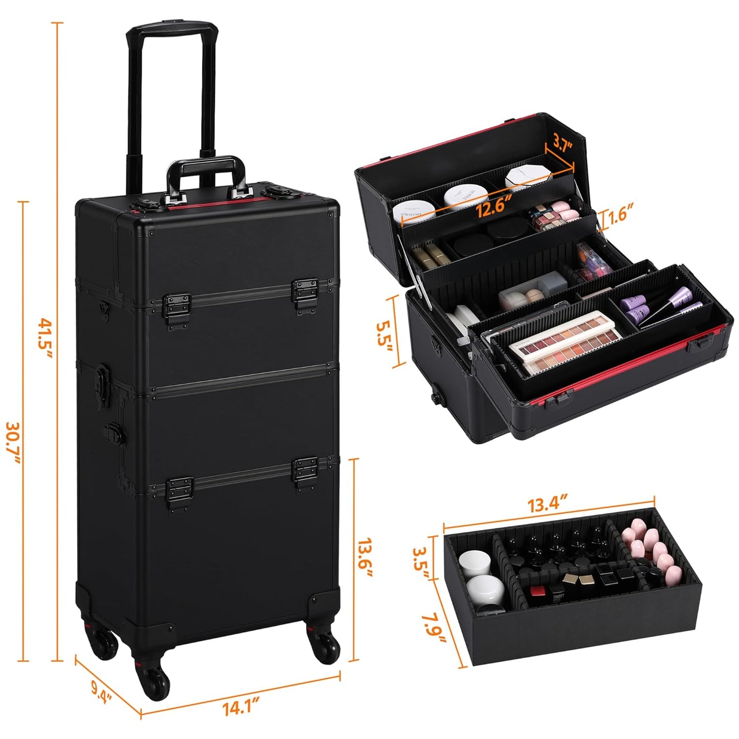 Yaheetech Makeup Train Case 3 in 1 Professional Cosmetic Trolley Multi-Functional Organizers Large Storage Traveling Cart Trunk for Nail Tech - Black
