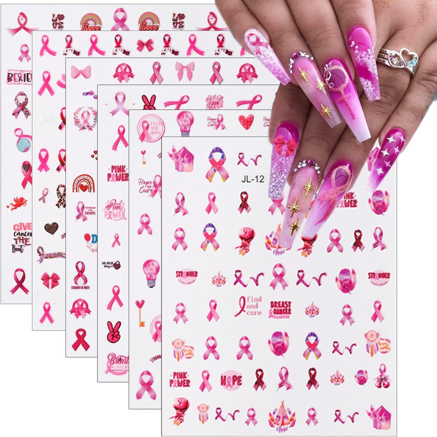Breast Cancer Nail Art Stickers Pink Ribbon Nail Decals 3D Love Heart Bow Self-Adhesive Nail Design Sticker Breast Cancer Awareness Nail Art Supplies Sticker for Women DIY Manicure Decor Tips 6Sheets
