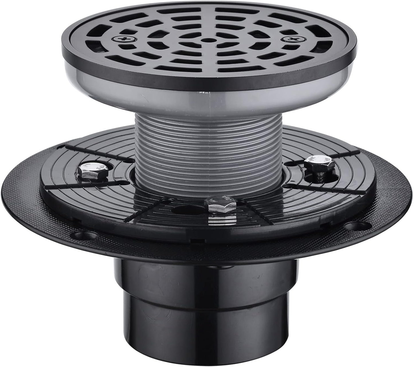 RANDOM Round Shower Drain Kit Matte Black with Adjustable Base Flange,4 Inch Shower Drain Cover with Threaded Adapter,Removable Invisible Look 304 Stainless Steel