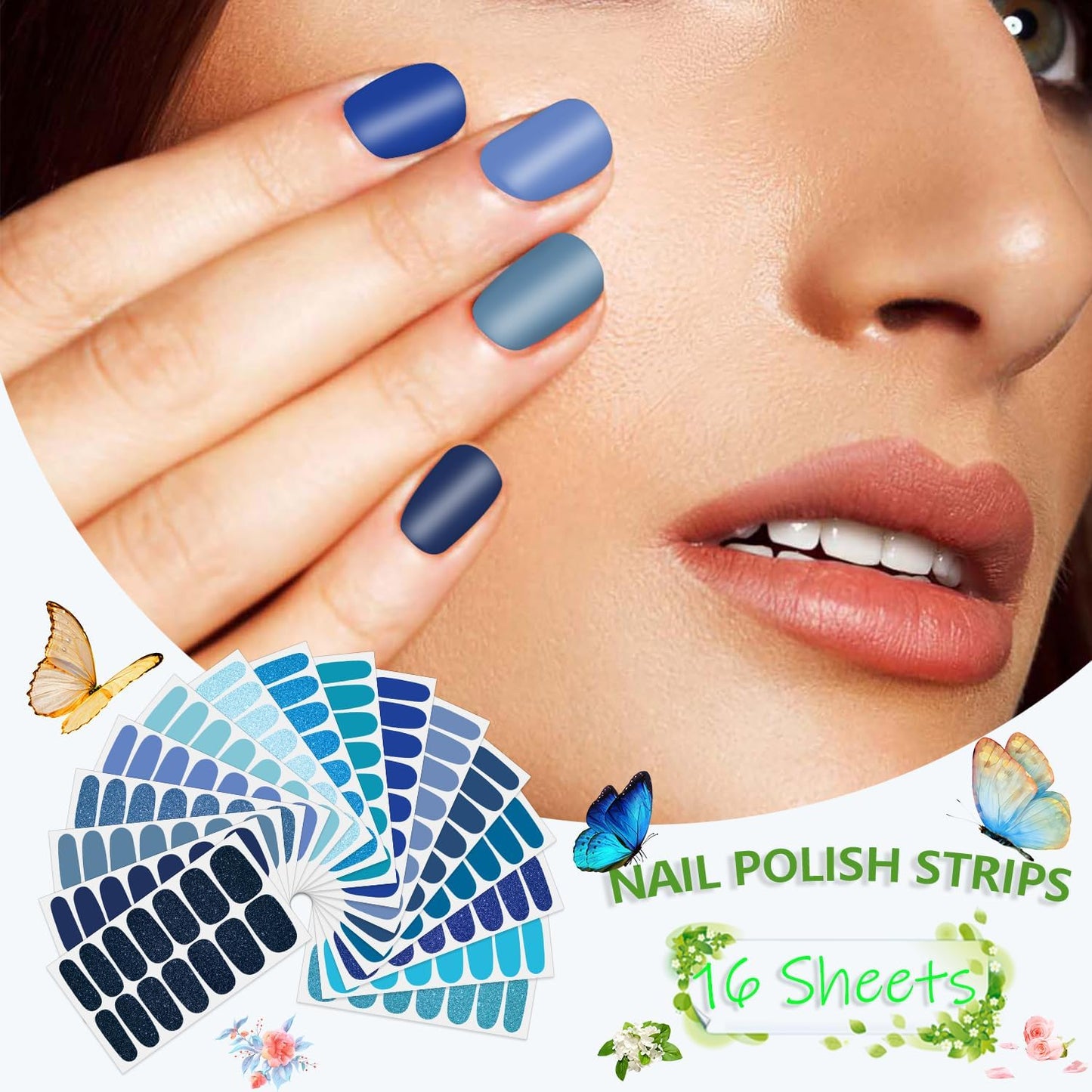 SILPECWEE 16 Sheets Blue Nail Wraps for Women Glitter Solid Color Nail Polish Stickers Stick on Nail Polish Strips Gel Nail Strips Self Adhesive Fingernail Manicure Design with Nail File