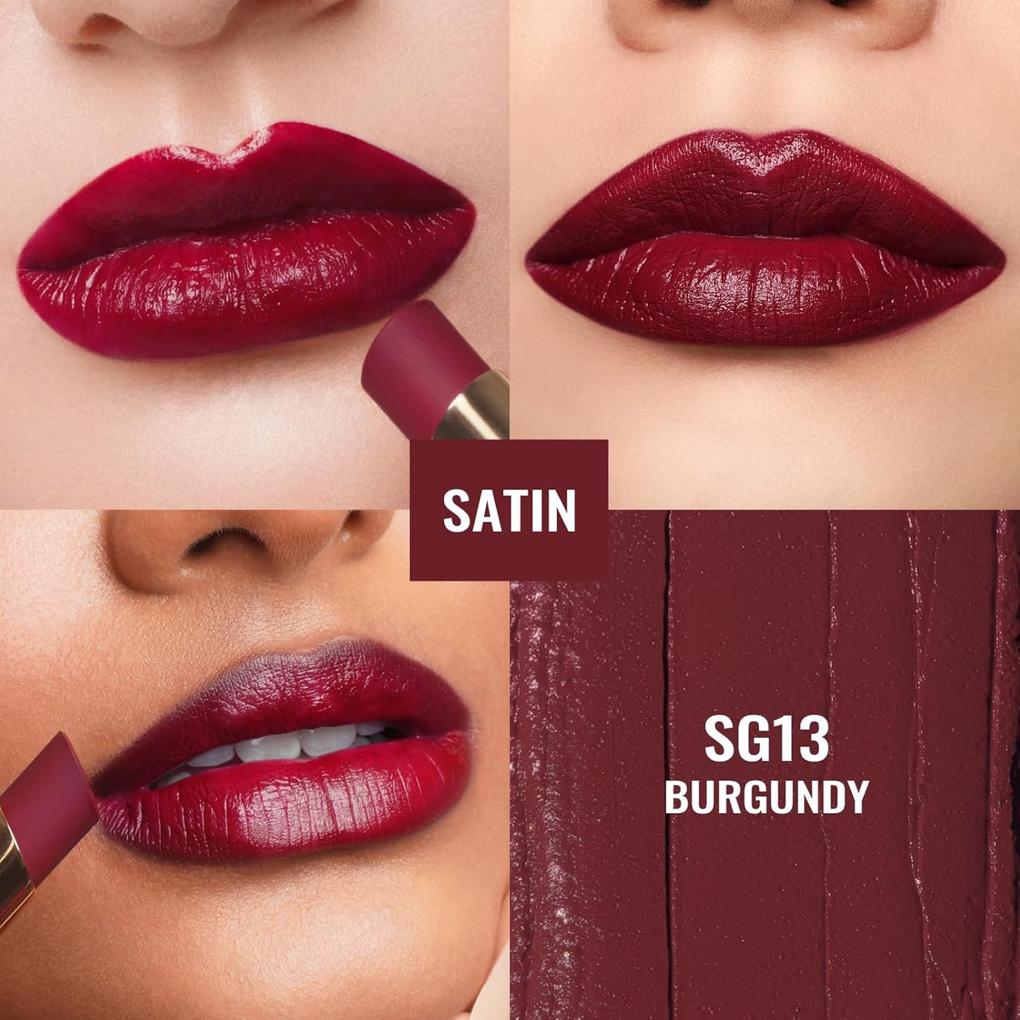 Oulac Color Rich Satin Lipstick - Burgundy Red Full Coverage Lip Color, Creamy Silky-Smooth, Moisturizing, Satin Matte Finish, Infused With Shea Butter, Vegan & Clean Beauty, 4g, SG13 Burgundy