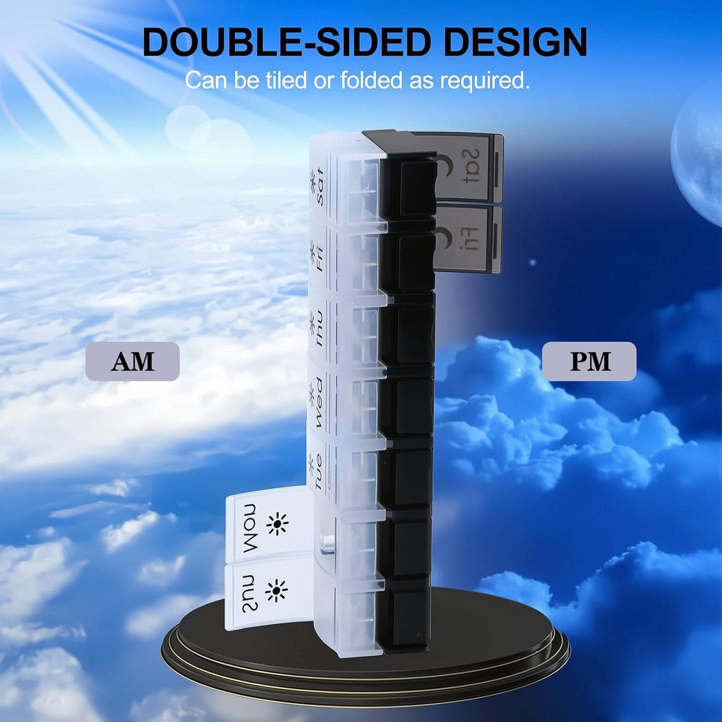 XL Large AM/PM Weekly Pill Organizer Arthritis Friendly, 2 Times a Day Pill Box with Spring Open Design, 7 Day Vitamin Case with Push Button Compartments (Black&White)