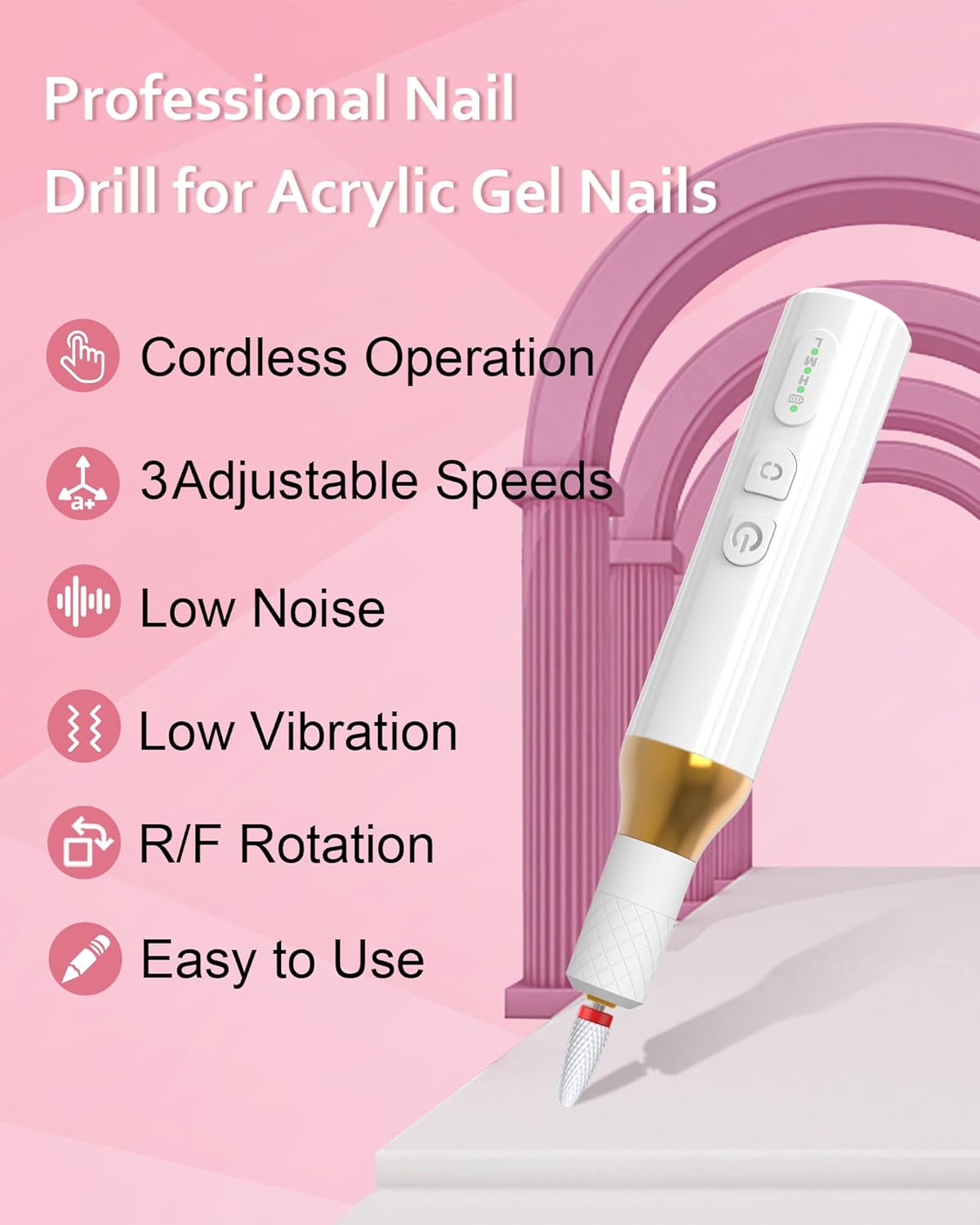 Nail Drill,Cordless Electric Files for Gel Nails E-File Manicure Kit Women Rechargeable Drill para Uñas Profesional Machine Grinder Acrylic White (M918)