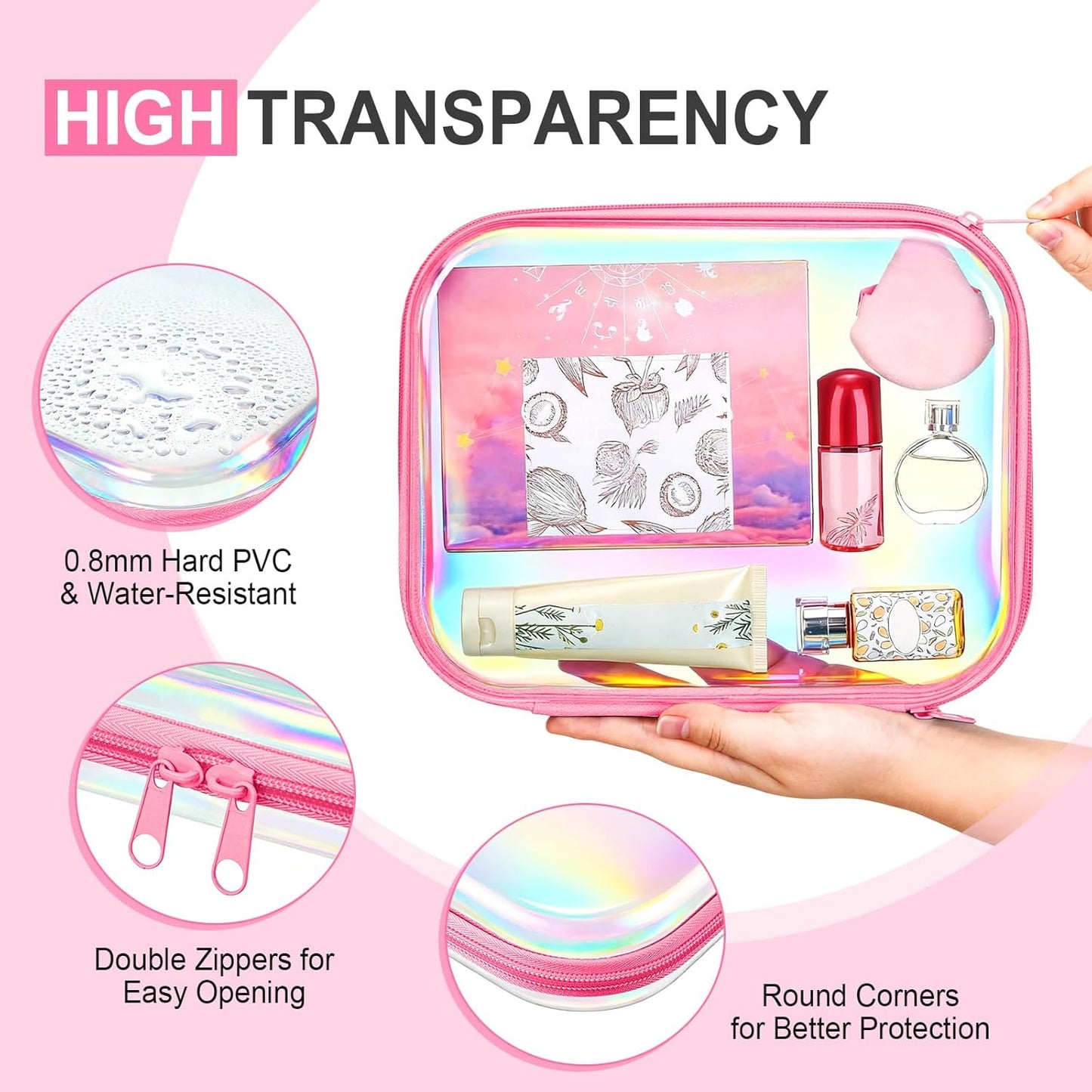 Hoolerry 3 Pcs Clear Hard Zipper Case Plastic Pouch Transparent Hard Case Clear Makeup Bag Portable Travel Organizer Bin for Cosmetics, Building Blocks, Puzzles(Laser,M)