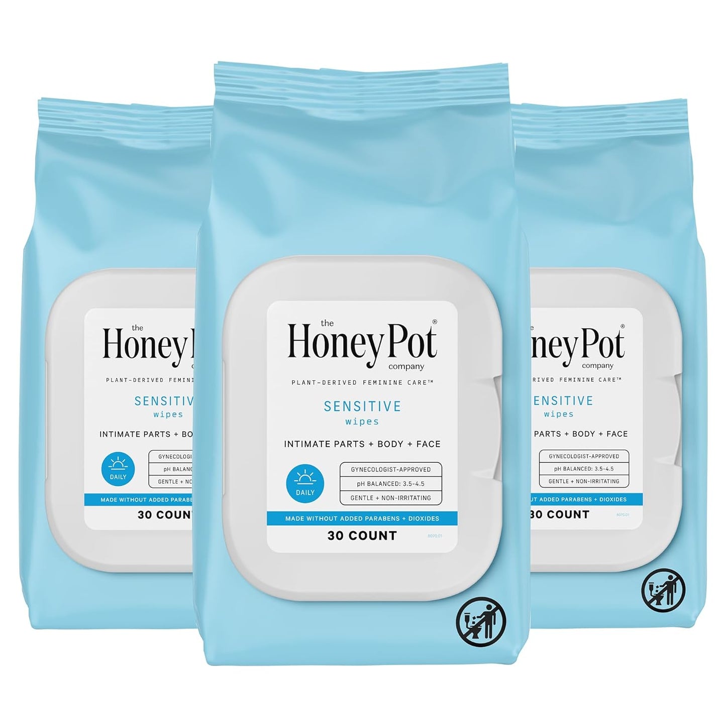 The Honey Pot Company - Feminine Wipes - Daily PH Balancing, Fragrance & Sulfate Free Wipes for Intimate Parts, Body, or Face - Hygiene Products - Sensitive 30 ct (Pack 3)