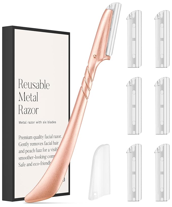 ennva Eyebrow Razor for Women-Eyebrow Trimmer Dermaplaning Tool-Ergonomic Eyebrow Shaper & Facial Razor for Peach Fuzz-Exfoliating Face Razor for Eyebrows-Eye Brow Shaver Razors w/7 Blades- Rose Gold