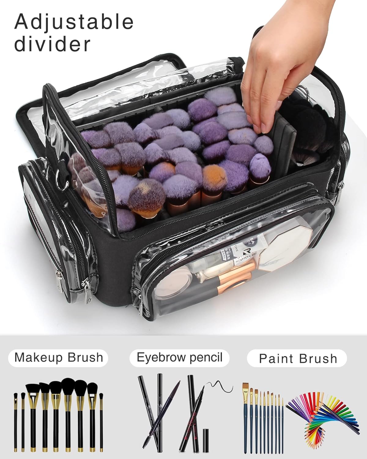 Makeup Brush Case, Extra Large Makeup Brush Bag XL Professional Makeup Artist Must Haves Travel Case with Stand Up Brush Slots Cosmetic Organizer Bag, Full Open Easy to Access, with Adjustable Strap