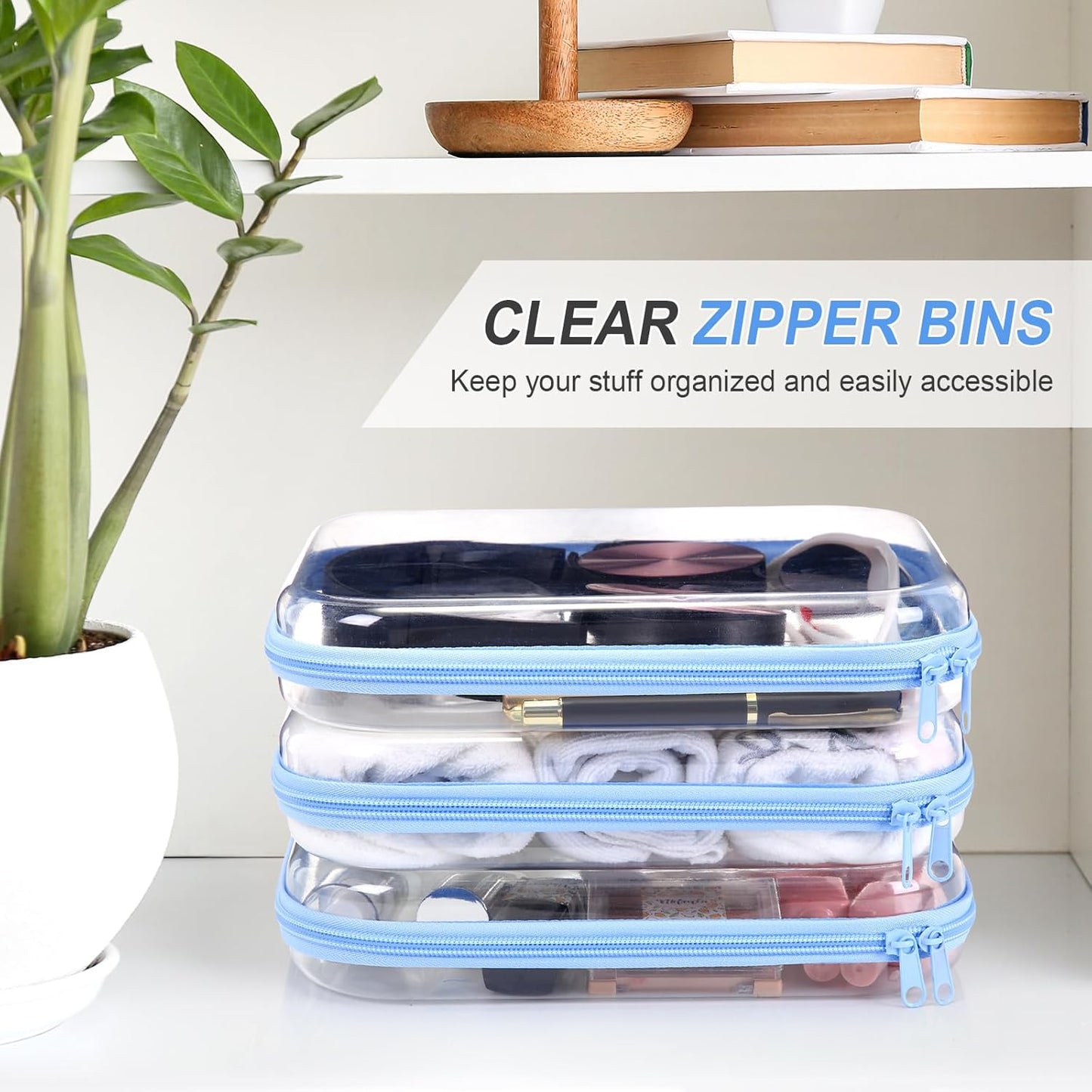 Hoolerry 3 Pcs Clear Hard Zipper Case Plastic Pouch Transparent Hard Case Clear Makeup Bag Portable Travel Organizer Bin for Cosmetics, Building Blocks, Puzzles(Blue,M)