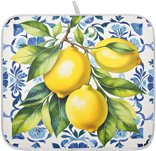 Lemon Italian Tile Blue E Dish Drying Mats for Kitchen Counter Absorbent Microfiber Dish Drying Matt 16 x 18 Inch Draining Reusable Rack Pad