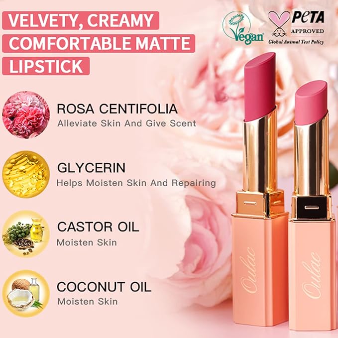 Oulac Creamy Matte Lipstick for Women, Lipstick & Blush Duo, Magenta Soft Satin Finish Lipsticks with Moisturising Formula, Rich Color Lightweight Lip Balm, Rose Oil,Vegan & Cruelty-Free| 3.6g (Y03)