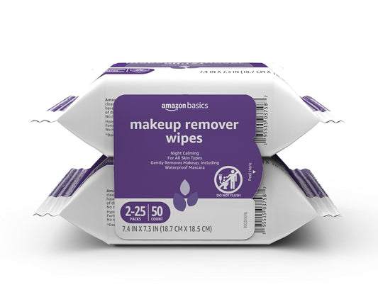 Amazon Basics Makeup Remover Wipes, Gentle Cleansing, Dermatologist Tested, Night Calming, Plant Based, Alcohol Free, Removes Waterproof Mascara, 25 Count Per Pack, Pack of 2 (Previously Solimo)