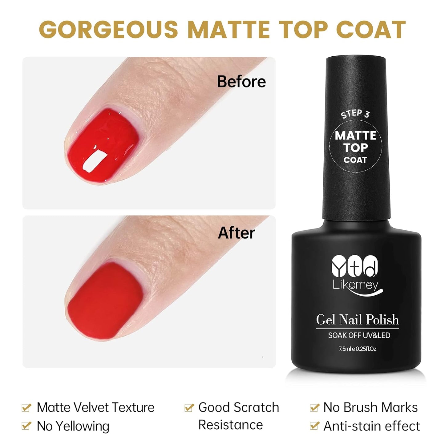 YTD Likomey Gel Nail Polish Base Coat and Top Coat Kit,Long Lasting No Wipe Glossy Matte Coat UV Nail Gel Set,3 Pcs 7.5 ml