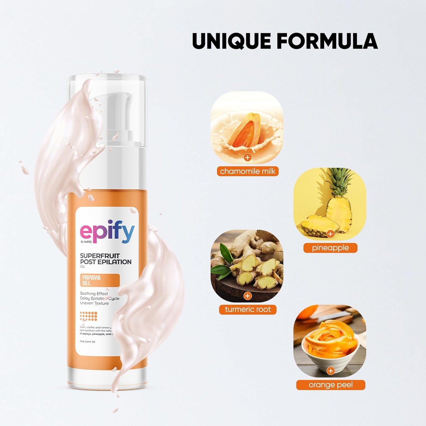 Epify Superfruit Post Epilation Papaya Gel, Hair Inhibitor for Face and Body, Non-Irritating Formula, Soothing Effect, Hair Growth Minimizer, 2.54 Fl Oz (6)