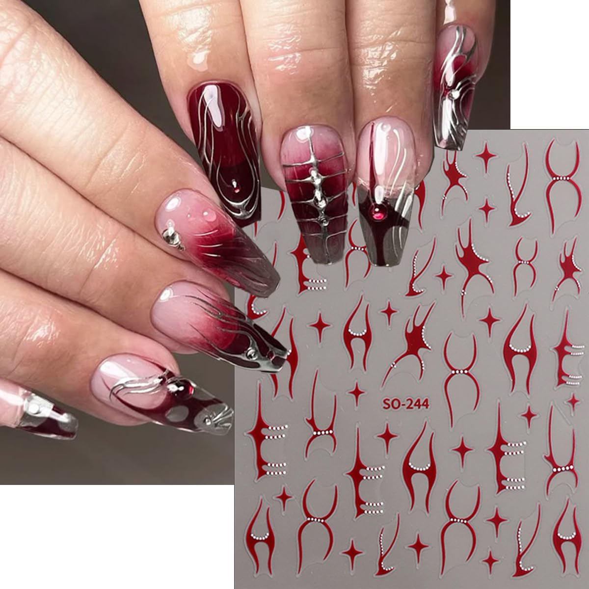 3D Nail Stickers Geometric Nail Art Stickers Fishbone Line Nail Decals Red Gold Black Silver White Irregular Line Mixed Star Design Gothic Nail Sticker for Nail Art Decor Manicure for Women 6Sheets