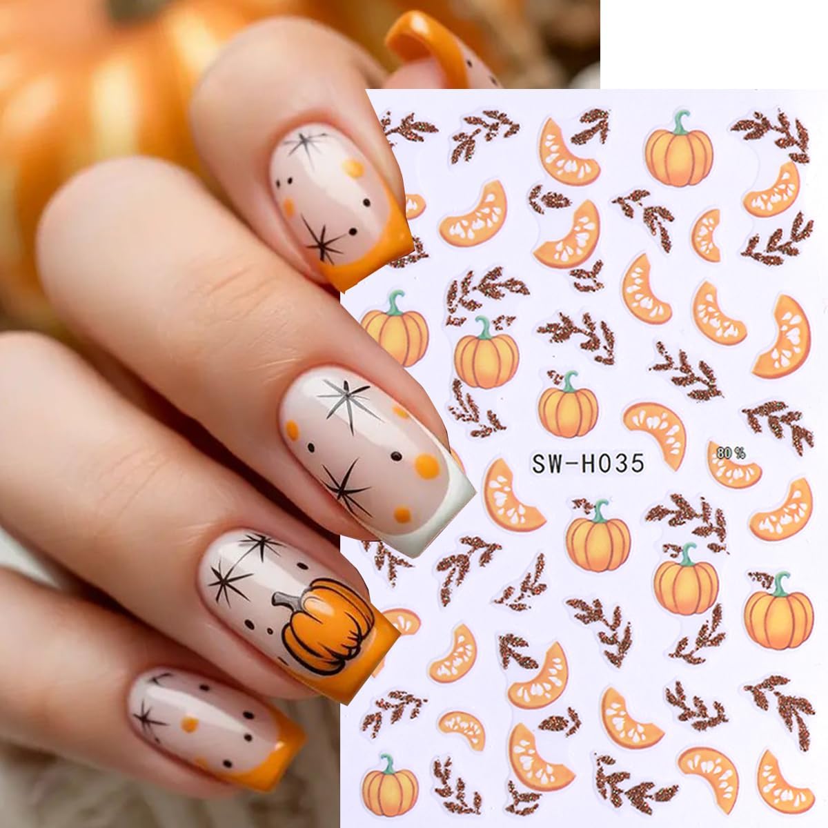 Pumpkin Nail Stickers Fall Nail Decals Maple Nail Art Stickers Glitter Leaves Nut Orange Design Thanksgiving Fall Nail Sticker for Nail Art 3D Self Adhesive for Women DIY Holiday Manicure Supplies