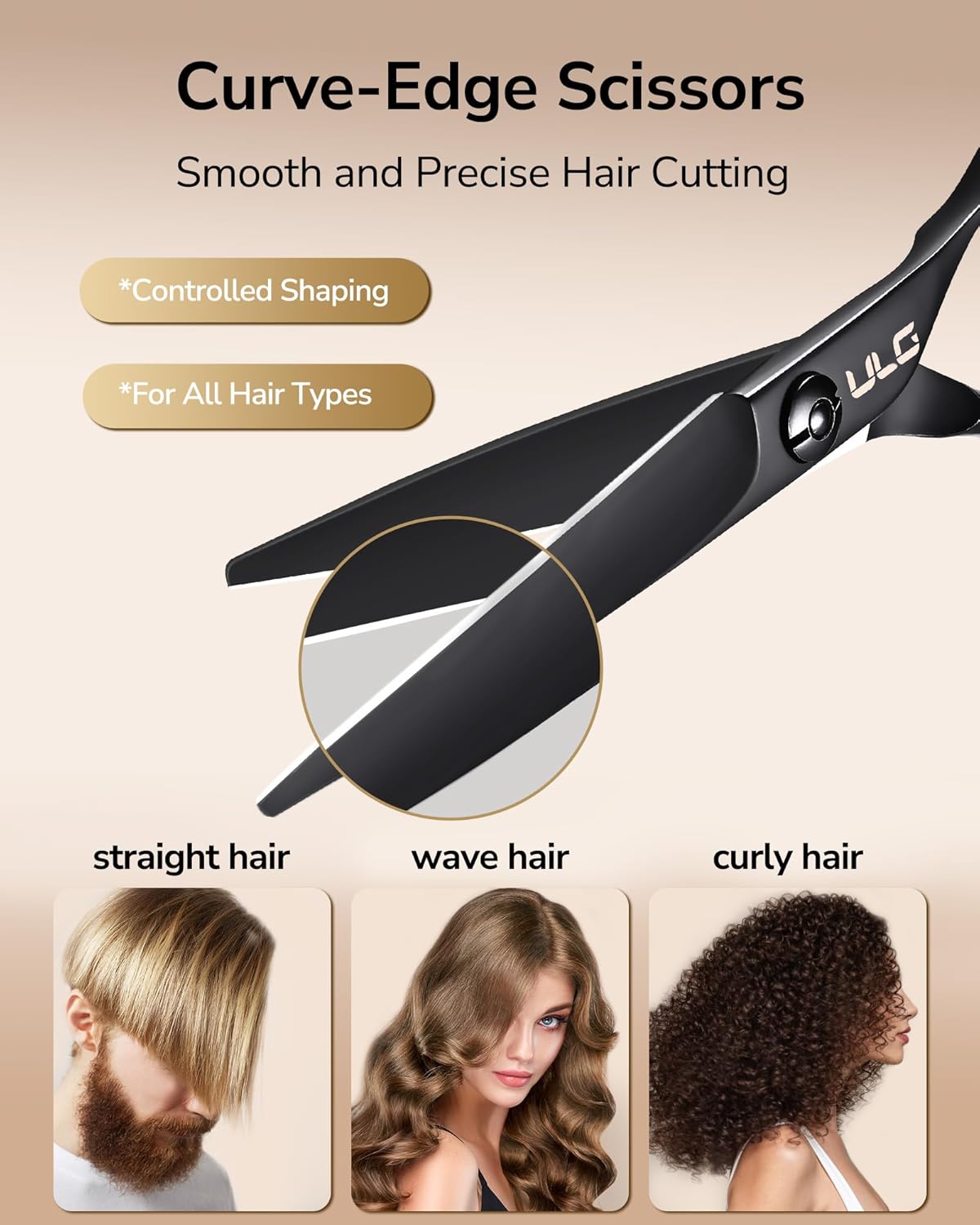 ULG Hair Cutting Scissors, Ultra Sharp Stainless Steel Blades, Matte Black Teflon Coated, Comfortable Offset Handle, Easy-to-Use Shears for Trimming, Shaping, At Home Haircuts Like a Pro, 7-Inch