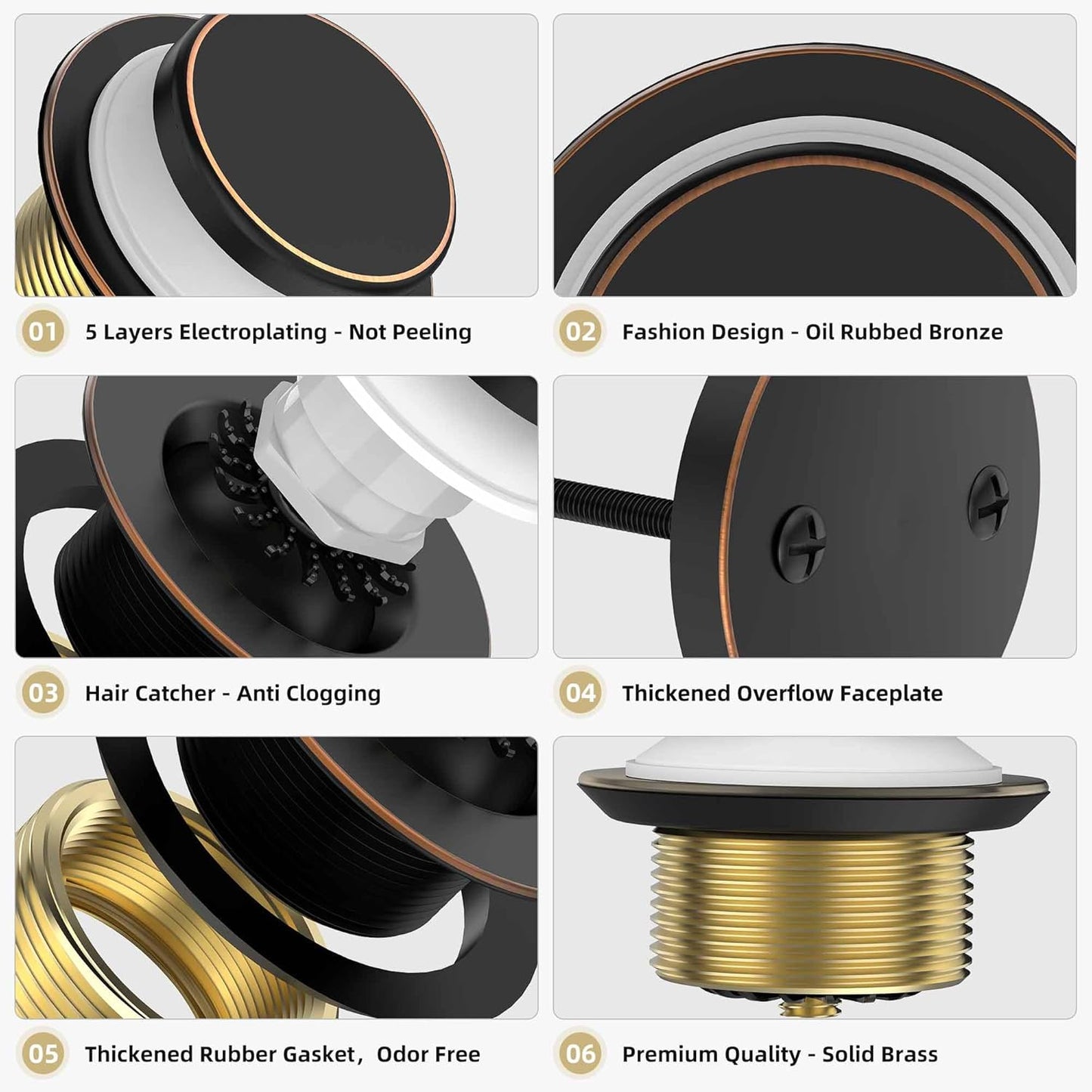 Oil Rubbed Bronze Tub Drain Kit with Hair Catcher, Premium Brass Tip-Toe Bathroom Tub Drain Replacement and 2-Hole Overflow Faceplate, 11.5/16 UNC Bathtub Drain Stopper Assembly
