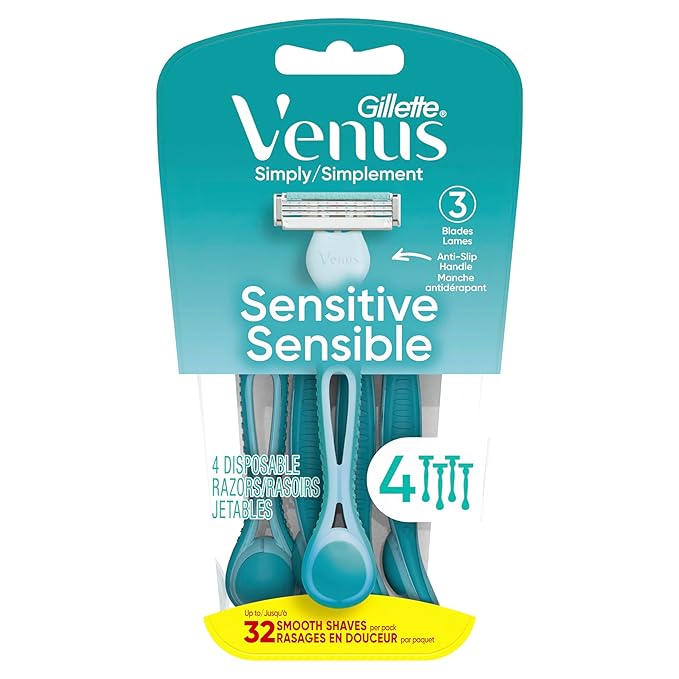 Gillette Venus Simply 3 Sensitive Women's Disposable Razors, Pack of 1 with 4 razors