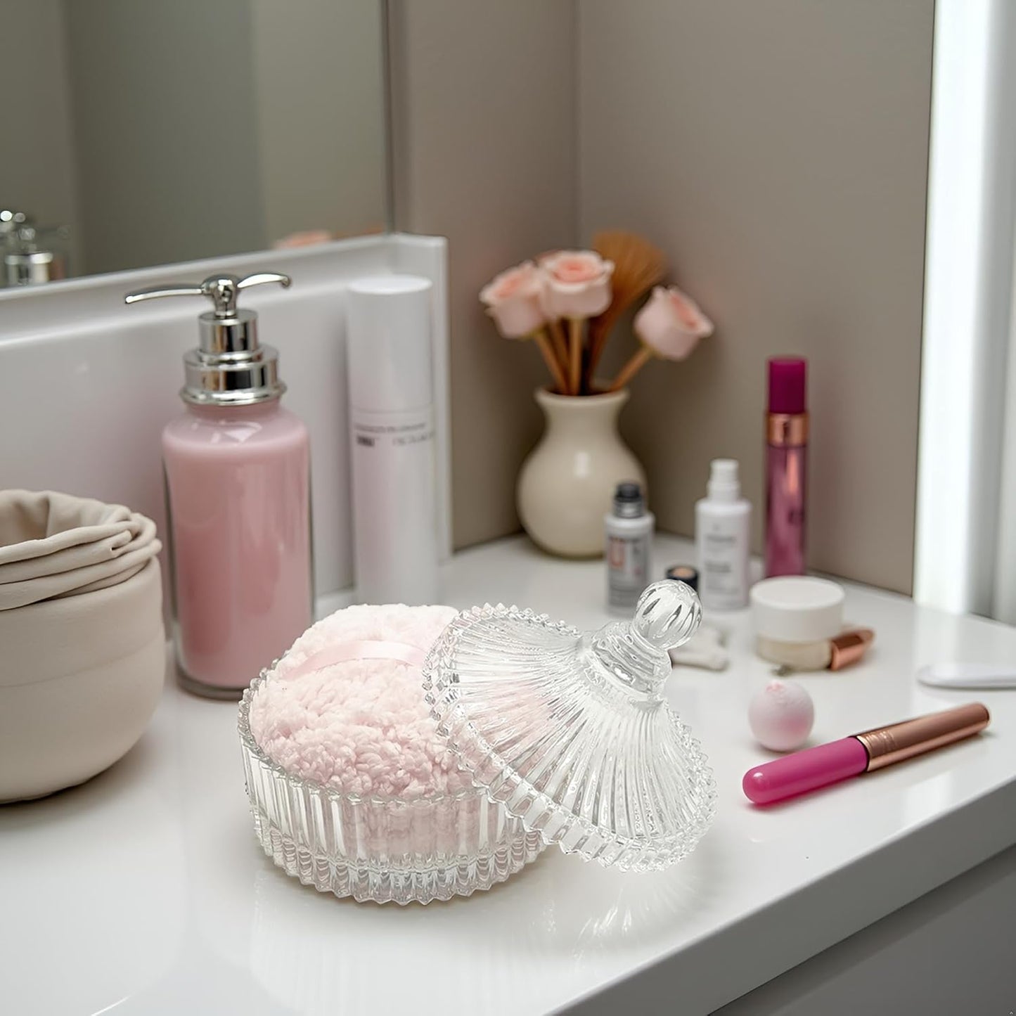 Extra Large Body Powder Puff and Container - Vintage Glass Dusting Powder Container with Soft Puff for Women & Girls (5.9x5.9x5.9 IN)-GRB010-Transparent