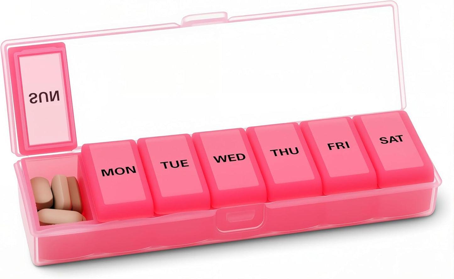 Silicone Weekly Pill Organizer 7 Day, Arthritis-Friendly Medicine Box Daily Pill Box, Large Medicine Case with Shell, Compact Travel Pill Container for Pill, Vitamin, & Fish Oil (Pink)