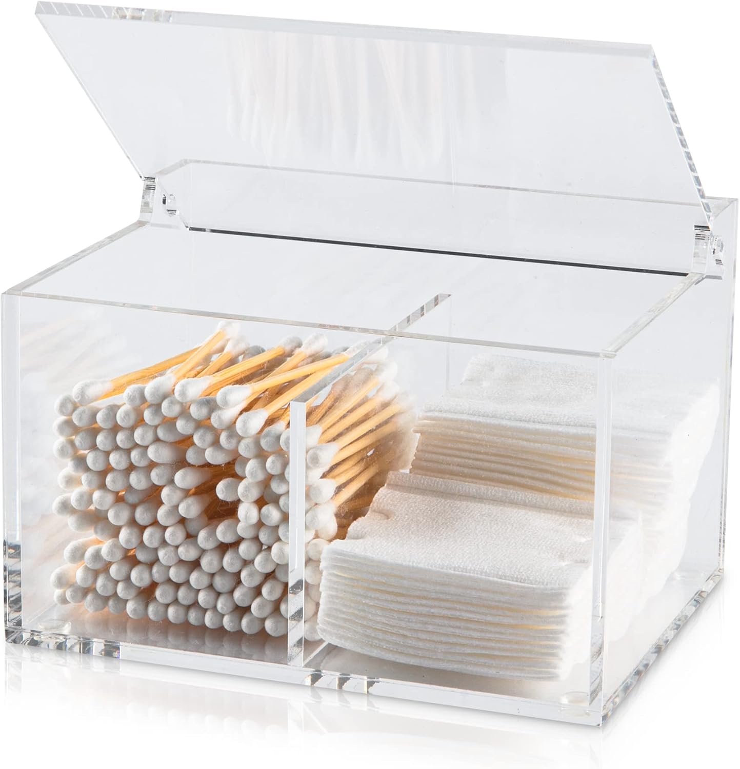 Clear Acrylic Cotton Swab Ball Holder Qtip Organizer with Lid 2-Grid Canister for Make Up Pads, Floss Picks, Vanity Storage,Bath Salts, Cosmetics, Home Bathroom Decor (DP004)