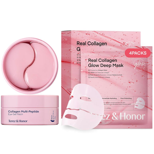 Terez & Honor Collagen Face Mask 4-Pack & Eye Patches 60 Pcs Hydrogel Set - Korean Self Care for Wrinkles, Fine Lines, Pores, Elasticity, Eye Puffiness, Dark Circles - Deep Hydrating, Firming, Glowing