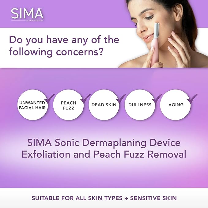 SPA SCIENCES - SIMA Patented Dermaplane Razor for Women Face – Painless 2-in-1 Facial Exfoliation & Peach Fuzz Hair Removal – Anti-Aging – 3 Speeds – Rechargeable – 21 Weeks Treatment
