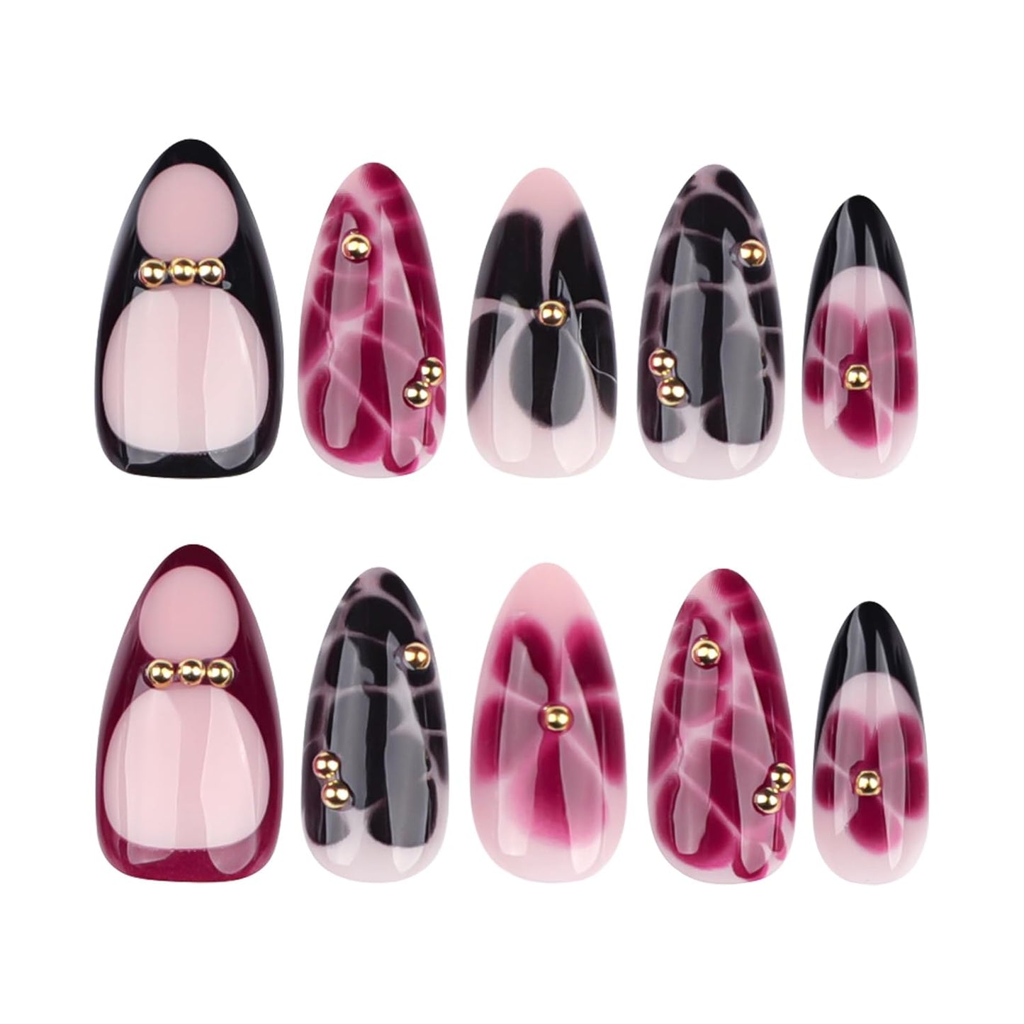 French Press On Nails Short Almond Shape, Summer Fall Fake Nails Adorned with Black and Burgundy Petal Accents, 3D Design, Glossy Gel Finish Acrylic Nails, Natural Reusable Glue On Nails for Women