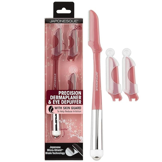 JAPONESQUE Dermaplaner and Cooling Eye Roller - Dual Ended Dermaplaning Facial Razor with Soothing Roller Ball Massager- Tool for Exfoliation, Hair Removal, Face Massage