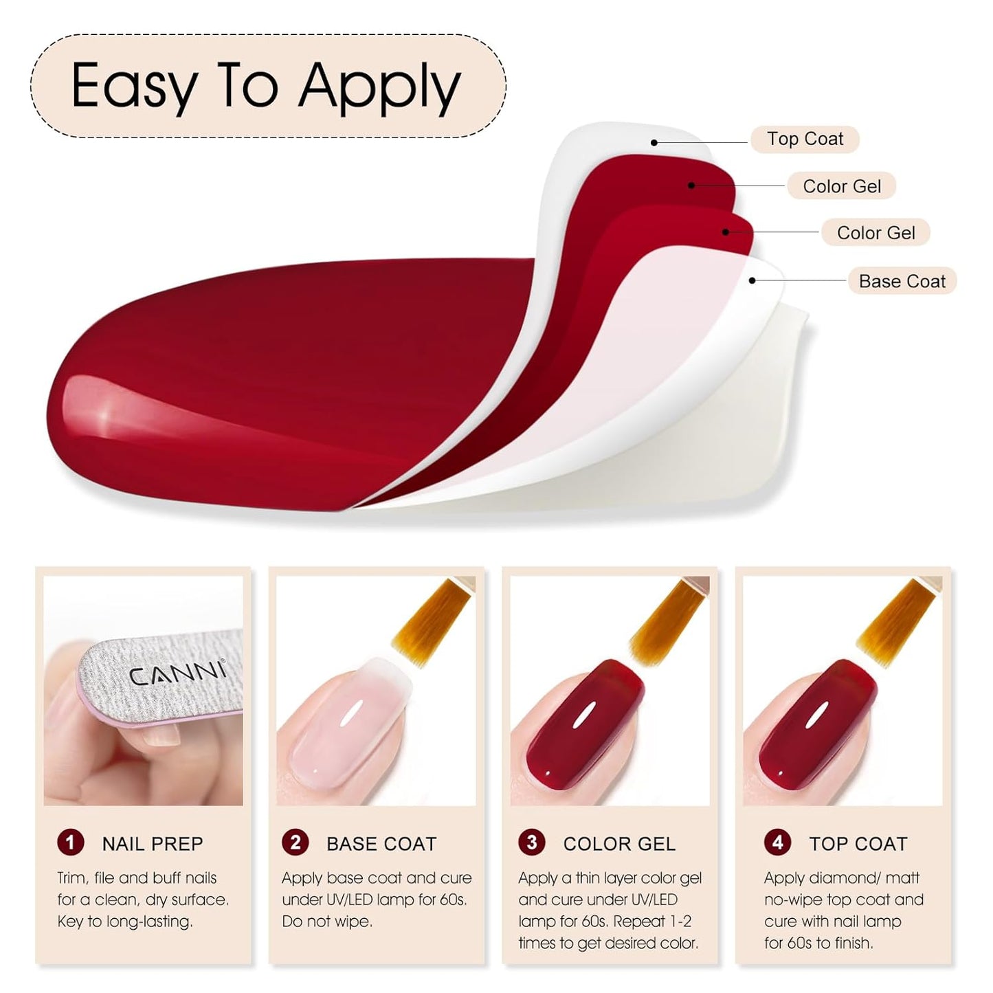 CANNI Jelly Red Gel Polish – 0.3oz Translucent Deep Dark Red Sheer Wine Color, High Gloss UV/LED Soak-Off Gel Nail Polish for DIY Manicure, Salon Quality For Girls & Women