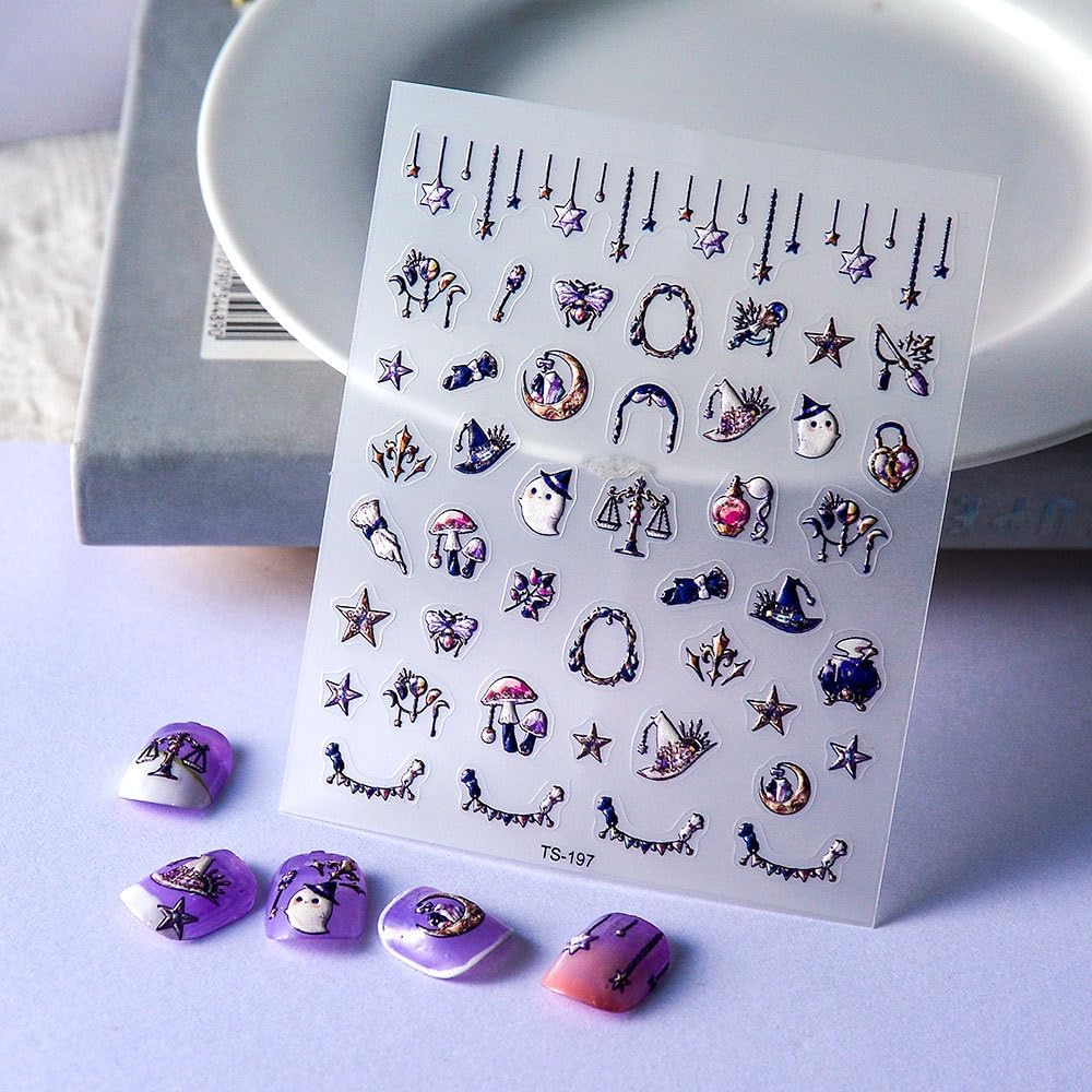 Halloween Nail Art Stickers 5D Embossed Ghost Nail Stickers, Self-Adhesive Durable Nail Art Decals for Women Girls, Nail Wraps Decoration Manicure for DIY Acrylic Nail Accessories